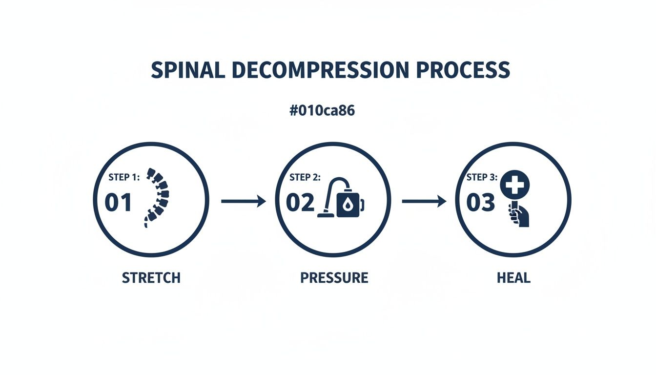 A three-step diagram illustrating the spinal decompression process: stretch, pressure, and heal.