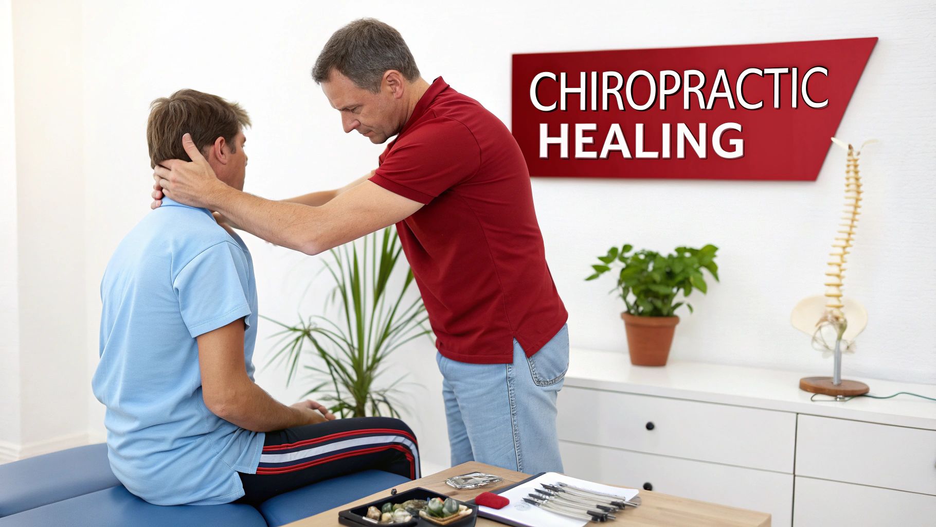 A male chiropractor performs a neck adjustment on a male patient in a bright clinic room.