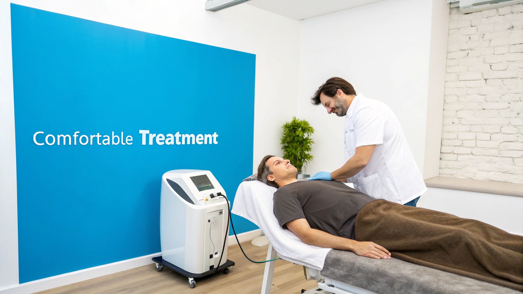 A patient receives cold laser treatment on a therapy bed from a smiling male therapist.