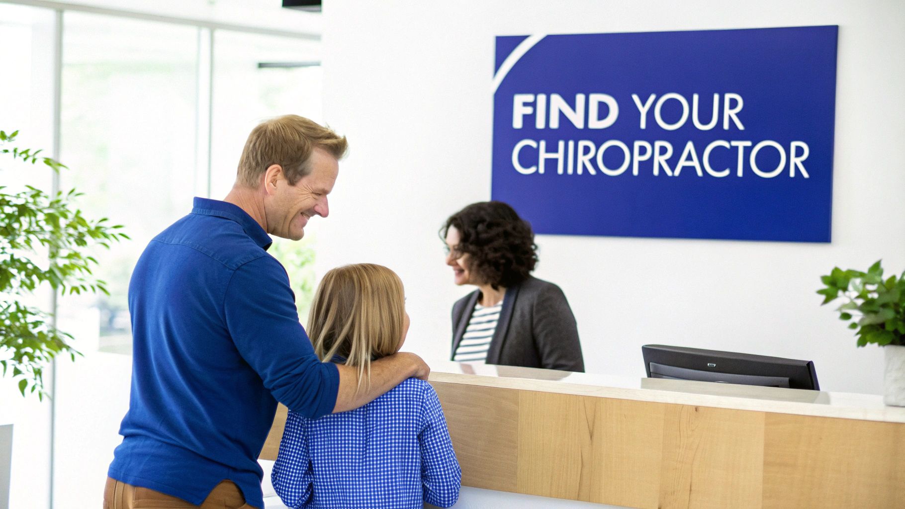 A smiling father and child at a chiropractor's reception desk with a friendly receptionist.