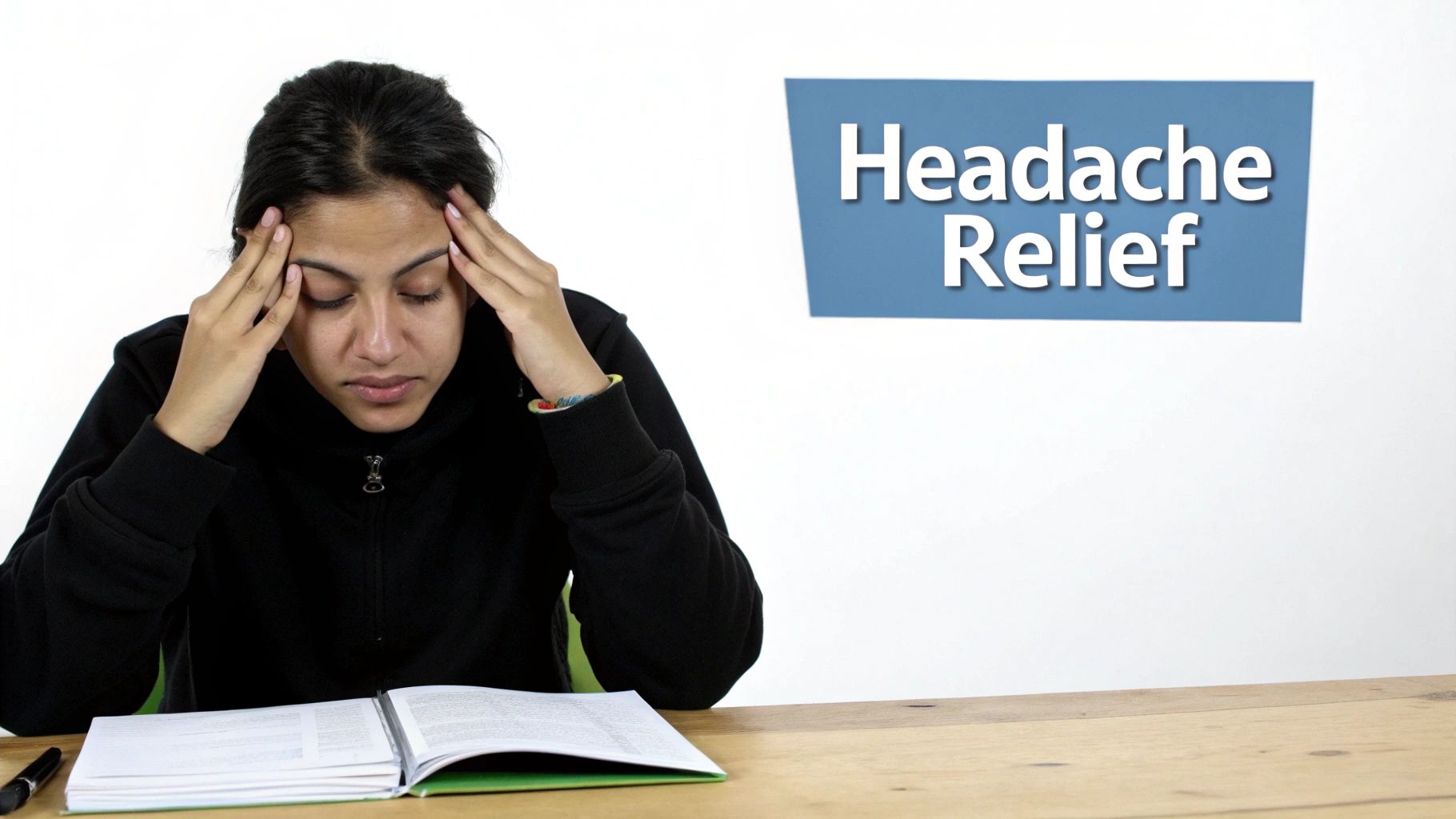 A person with a headache holding their temples at a desk with an open book, near a "Headache Relief" sign.