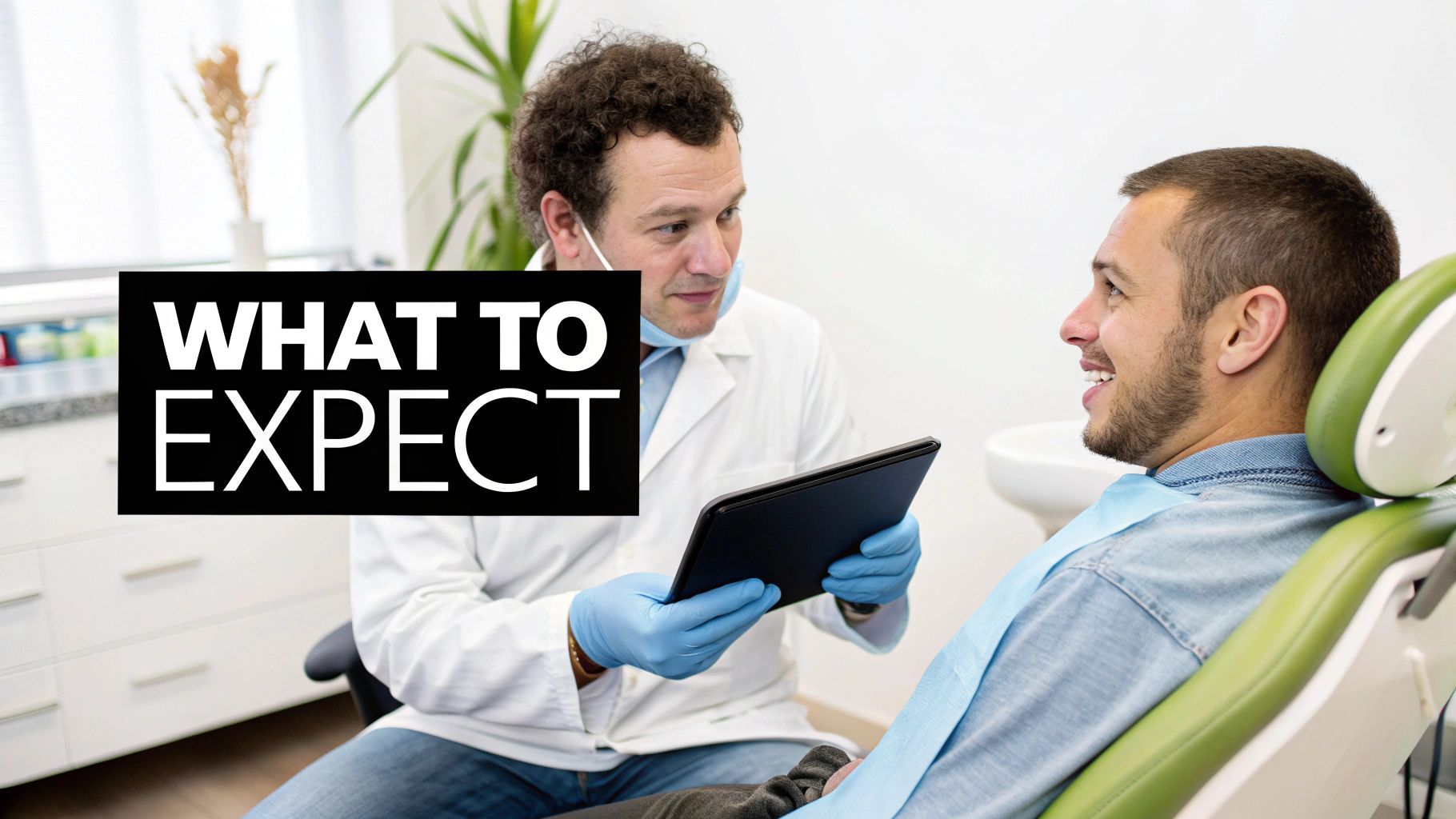 Dentist explains to a smiling patient with a tablet in a dental office, 'WHAT TO EXPECT' text.