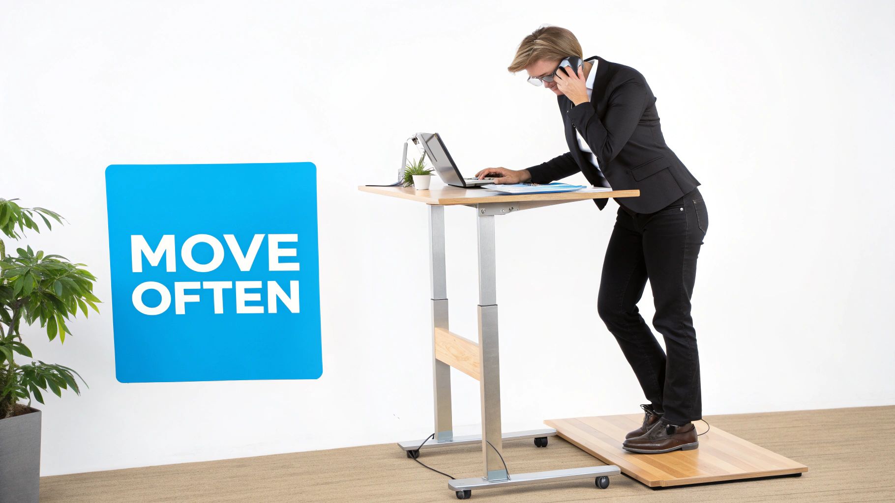 A person works at a standing desk, talking on phone and typing on laptop, promoting 'MOVE OFTEN'.