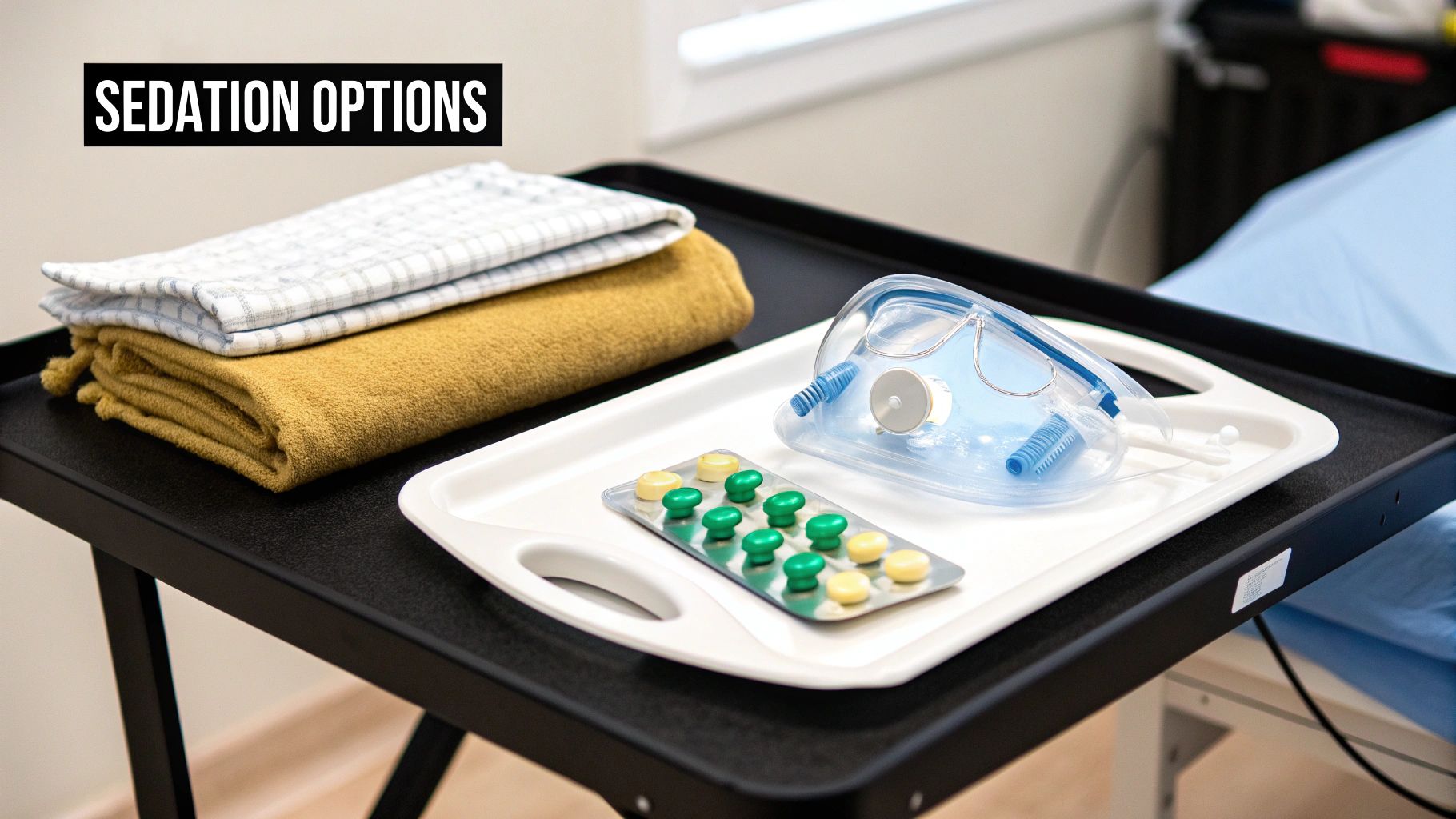 Sedation options displayed on a medical tray, including an oxygen mask, pills, and towels.