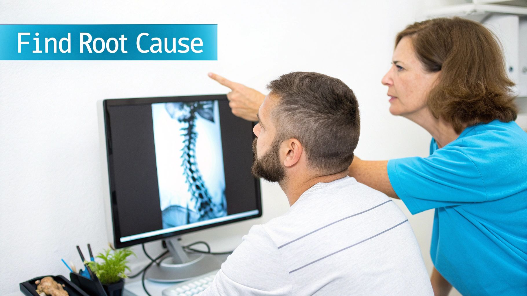 A chiropractor points to a spine X-ray on a monitor during a patient consultation.