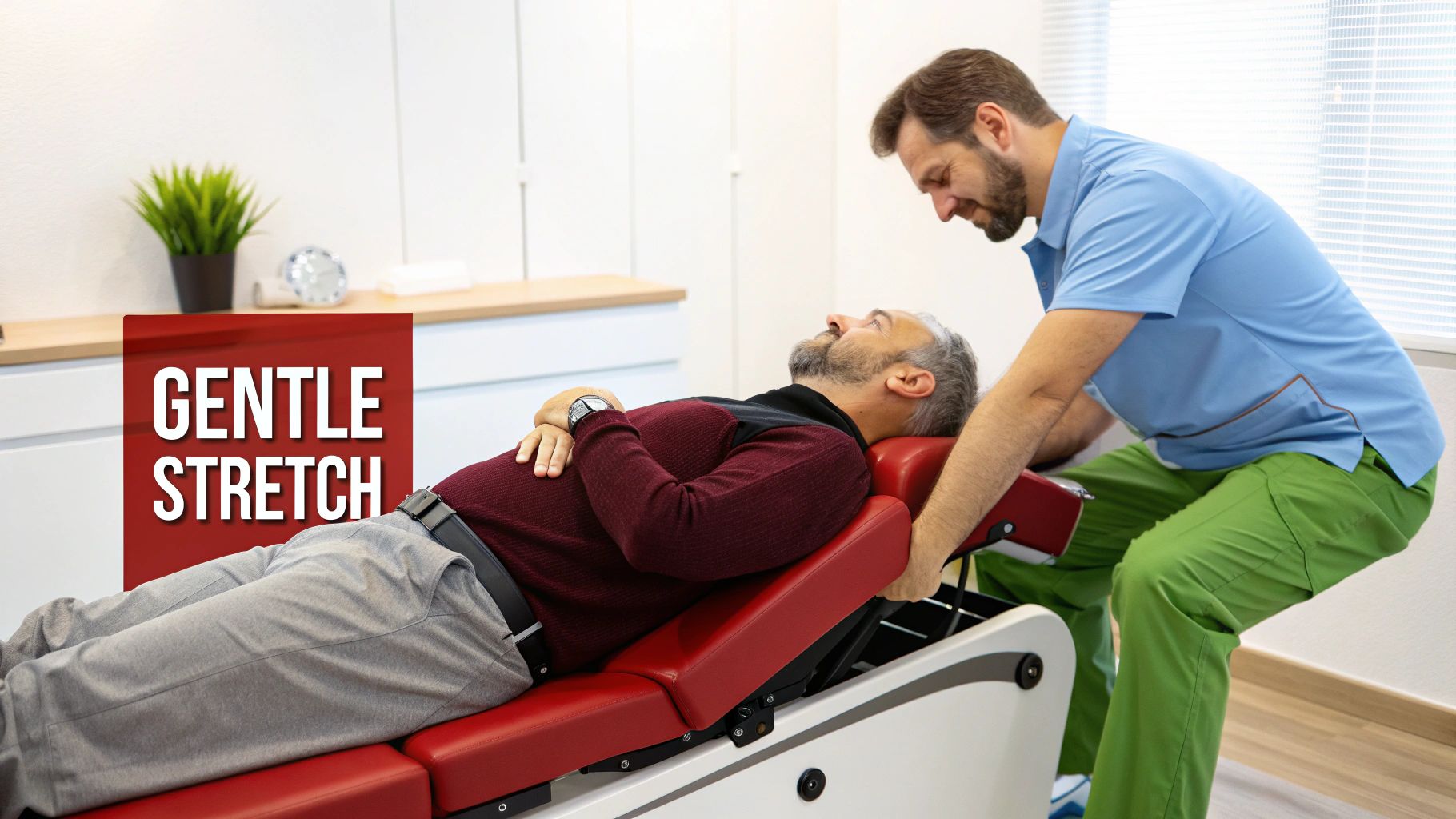 A male patient lies on a red therapy table as a male therapist gently adjusts his head and neck.