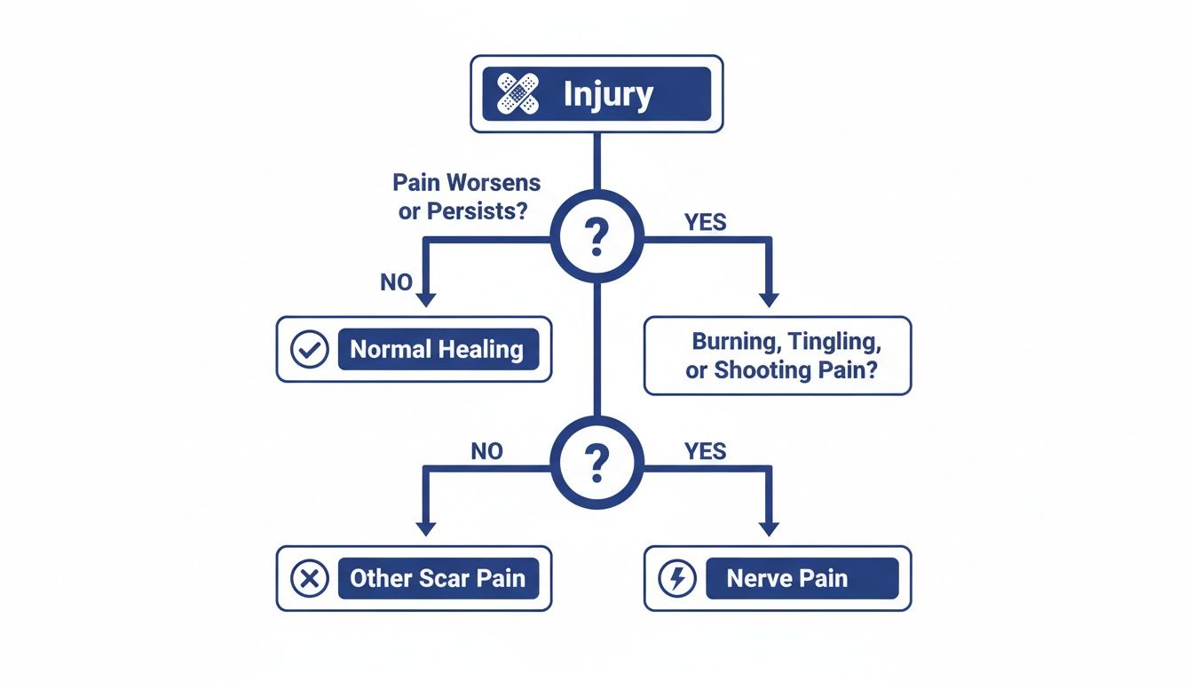 Flowchart diagnosing pain after an injury, differentiating normal healing, other scar pain, and nerve pain.