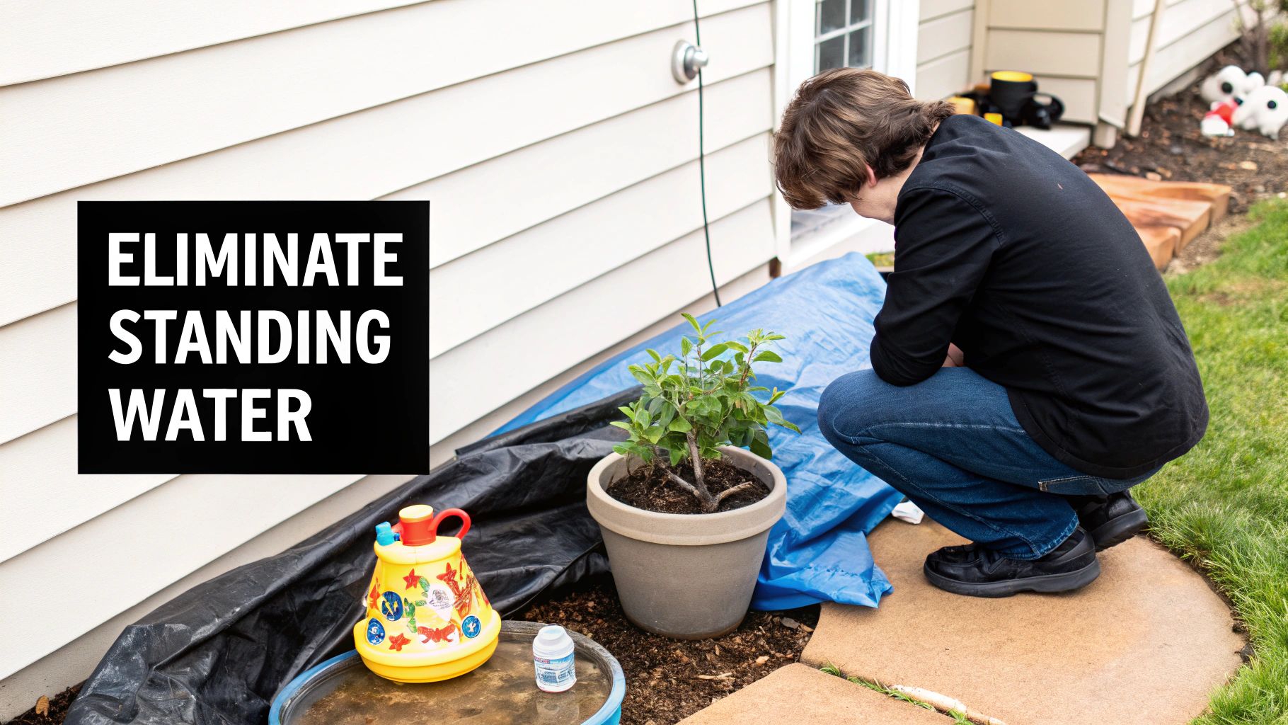 A person inspects items next to a house with a clear sign saying 'ELIMIMATE STANDING WATER'.
