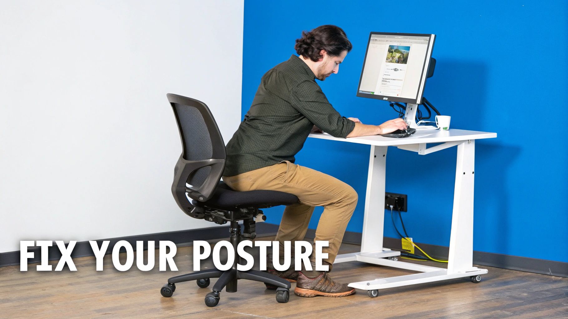 A man with poor posture sits hunched over a computer at a white desk, illustrating bad ergonomics.