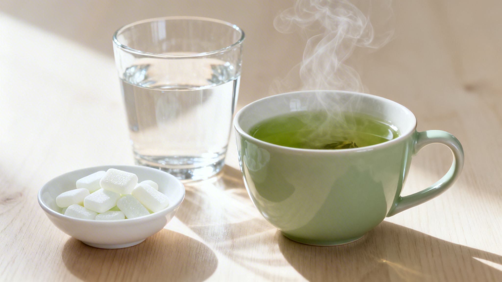 A cup of steaming green tea, a glass of water, and a bowl of sugar cubes on a wooden table.