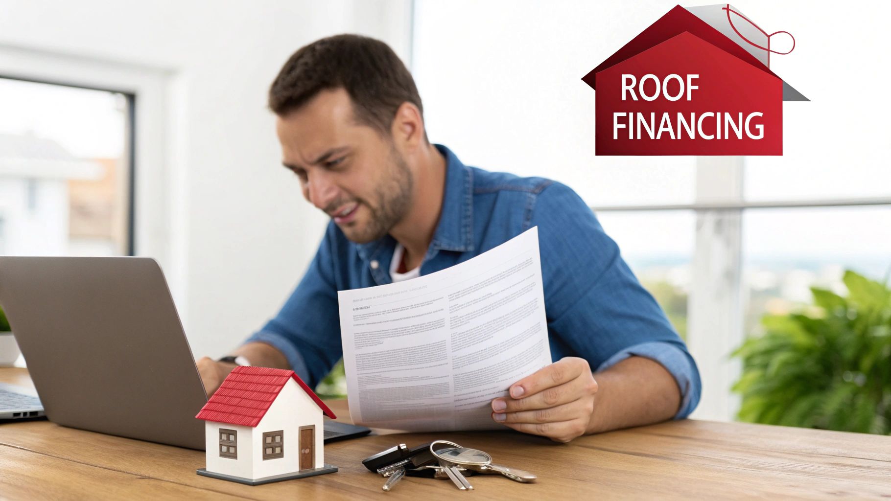 A man at a desk with a laptop, model house, and papers, considering roof financing.
