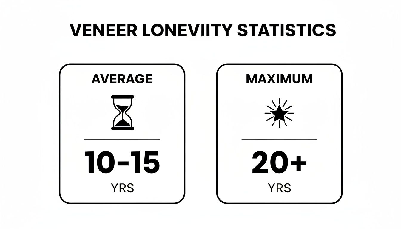 Veneer longevity statistics showing an average lifespan of 10-15 years and a maximum of 20+ years.