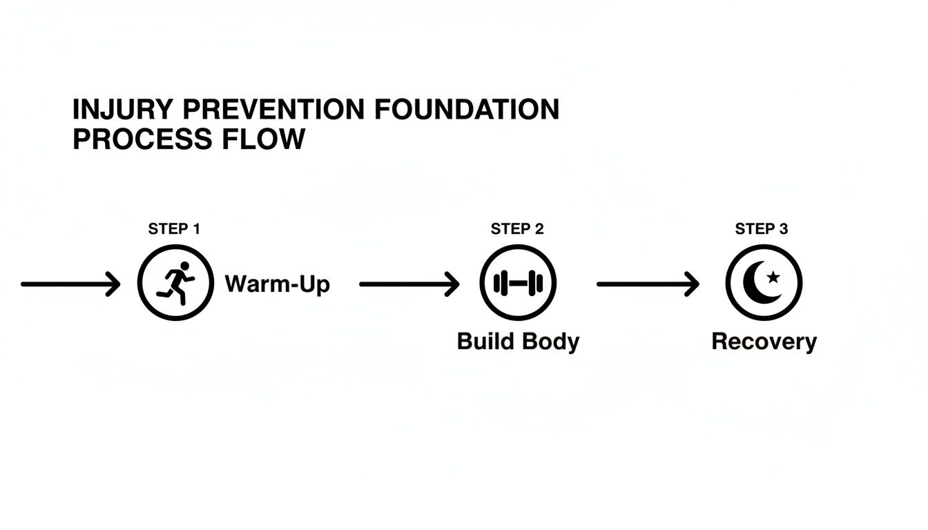 A step-by-step process flow diagram illustrating injury prevention with Warm-Up, Build Body, and Recovery.