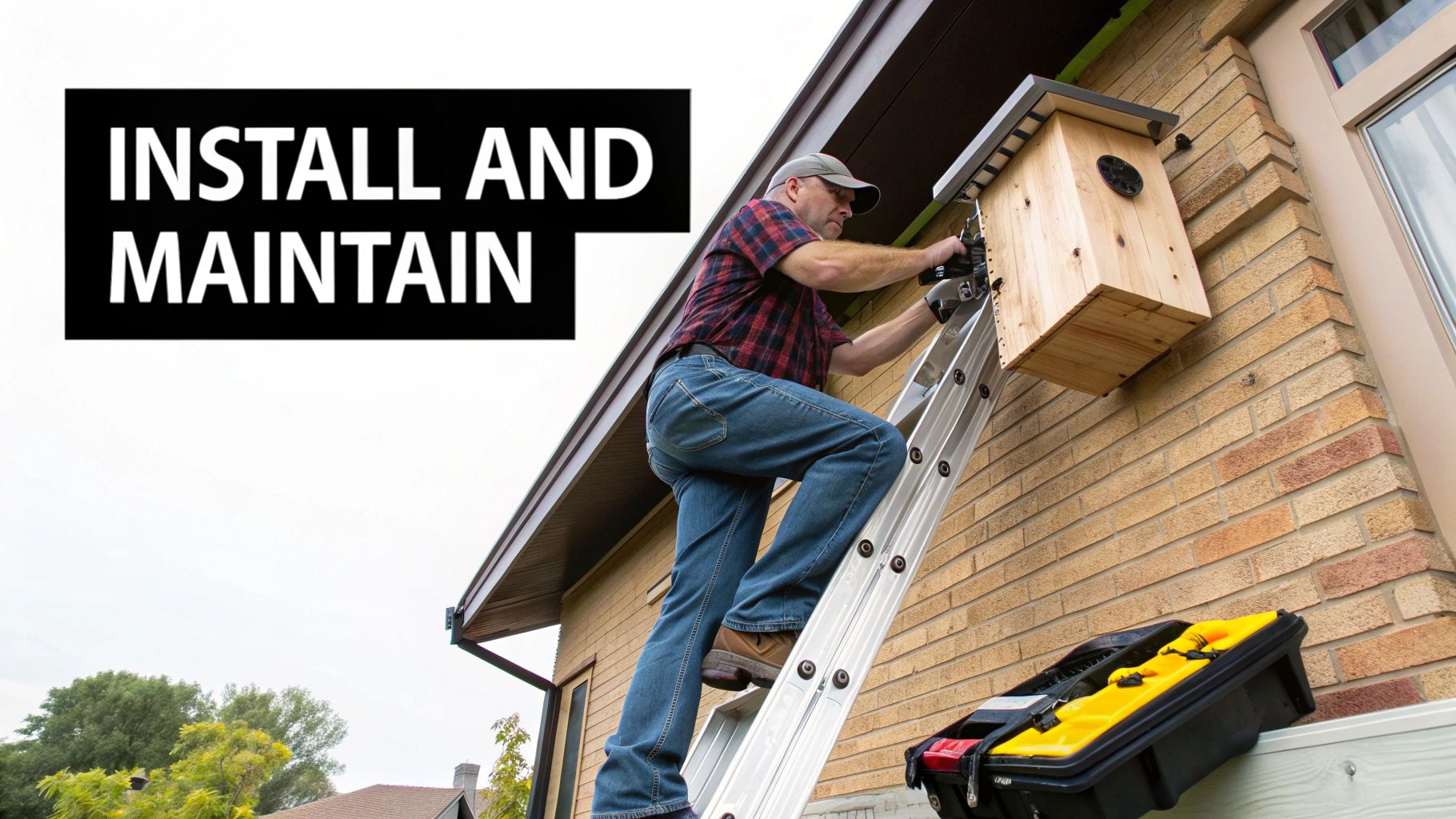 A man on a ladder installs a wooden bat house on the side of a brick home.