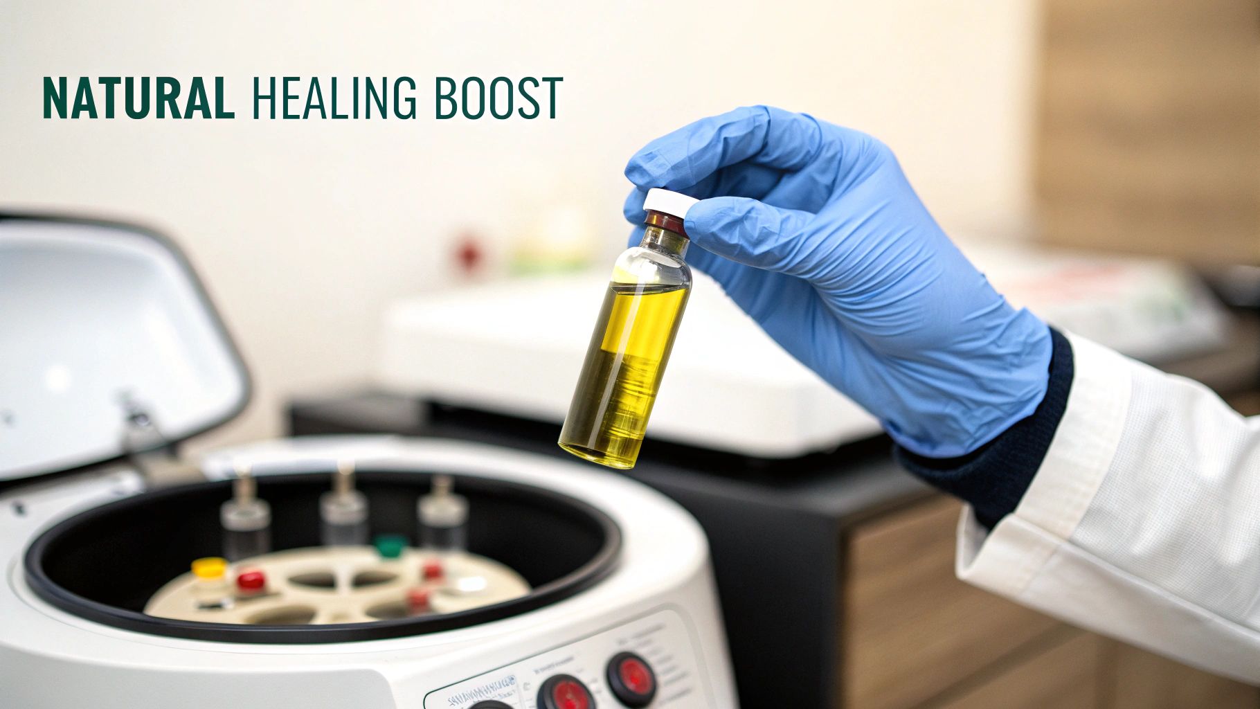 A gloved hand holds a vial of yellow liquid, with a medical centrifuge in a lab setting.
