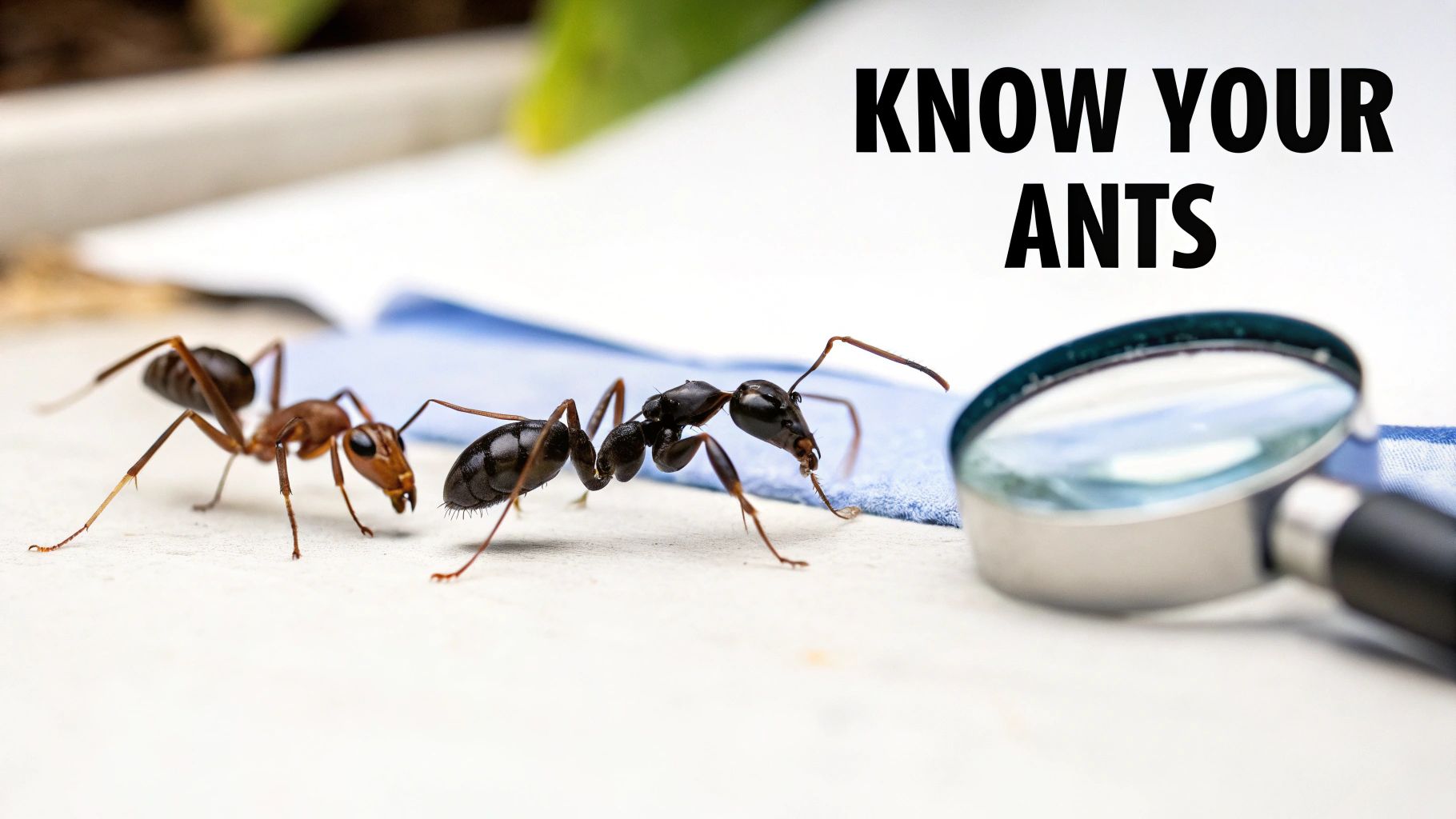 Two ants, a magnifying glass, and 'KNOW YOUR ANTS' text, illustrating ant identification.
