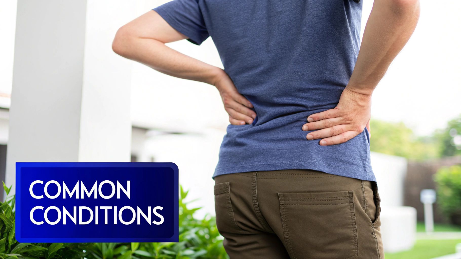 A person experiencing lower back pain, holding their back with both hands, with a sign that says "COMMON CONDITIONS".