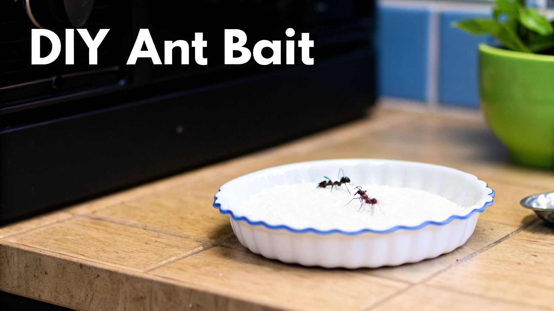 Two ants on a white dish filled with DIY ant bait on a wooden countertop.