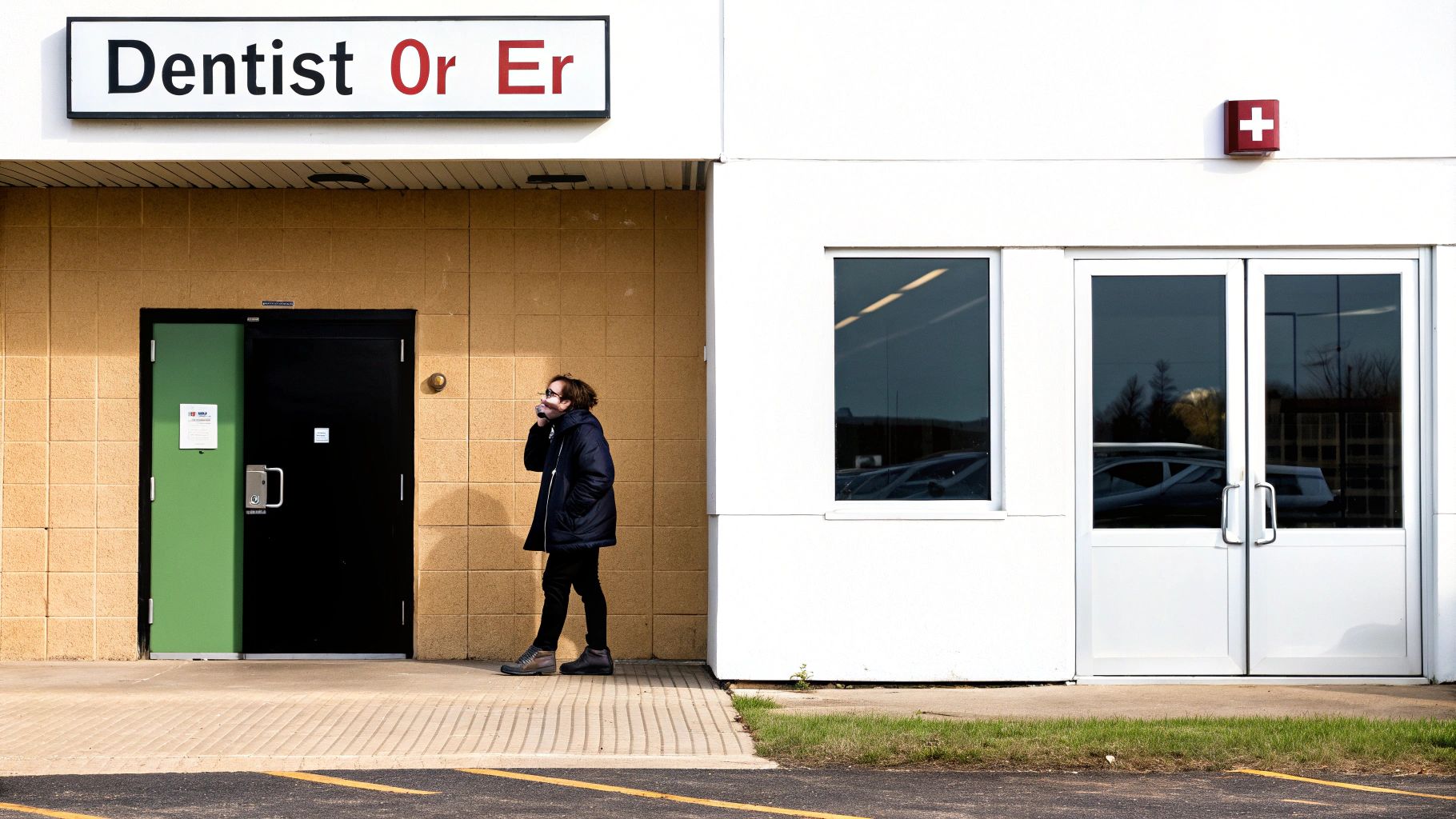 A person walks past a building with a 'Dentist Or Er' sign and two contrasting entrances.