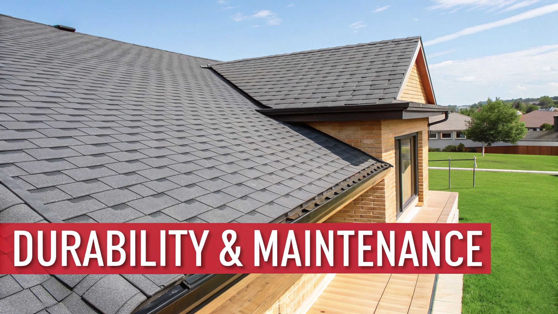 A modern house with a gray pitched roof, brick walls, and green lawn, featuring durability and maintenance.