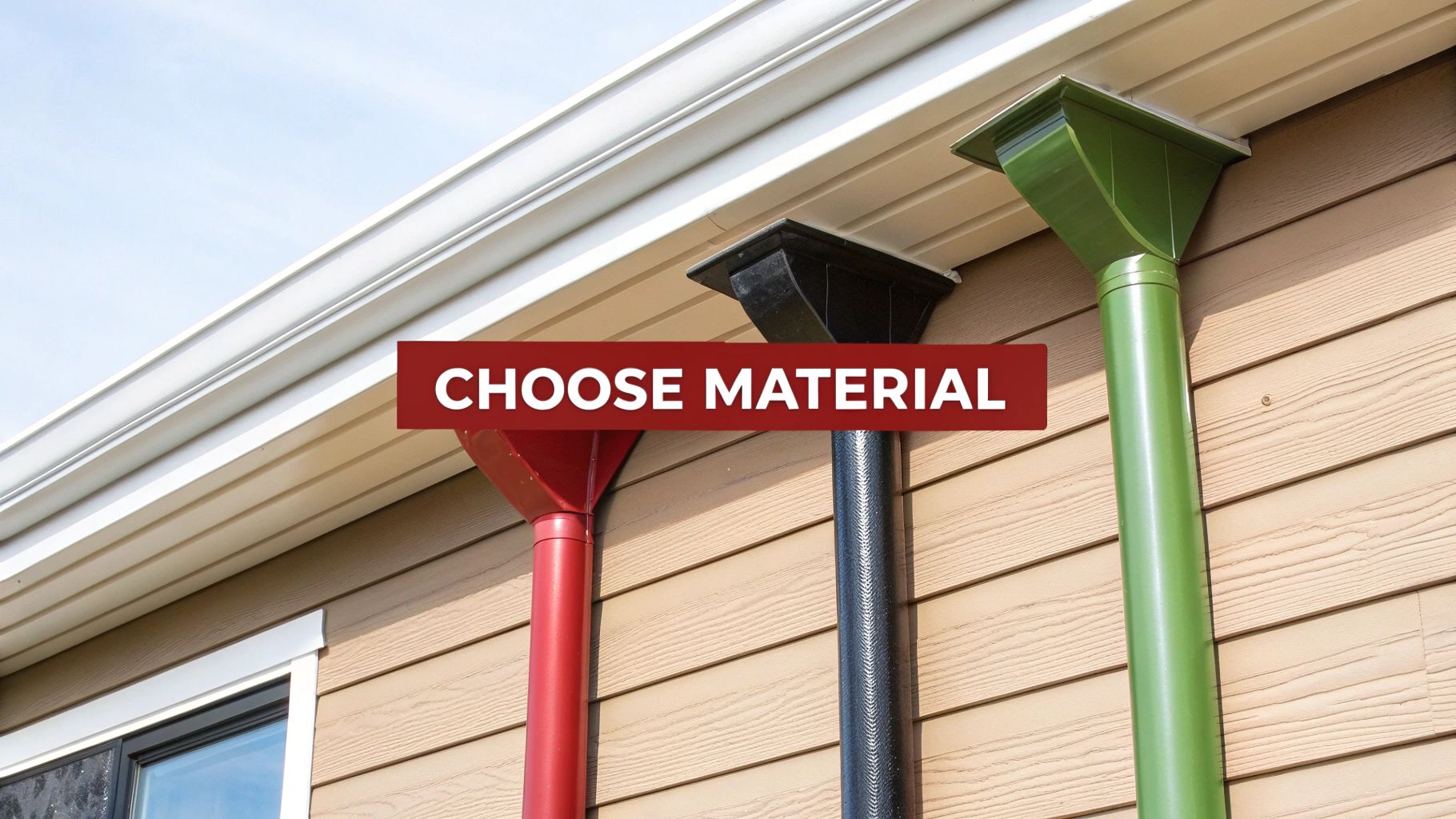 Three colorful downspouts in red, black, and green attached to white gutters on a house.