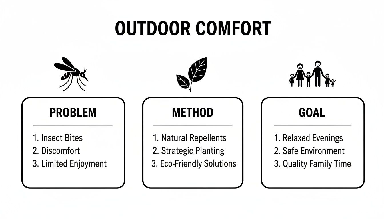 Infographic showing problems, methods, and goals for outdoor comfort, focusing on natural insect repellents for families.