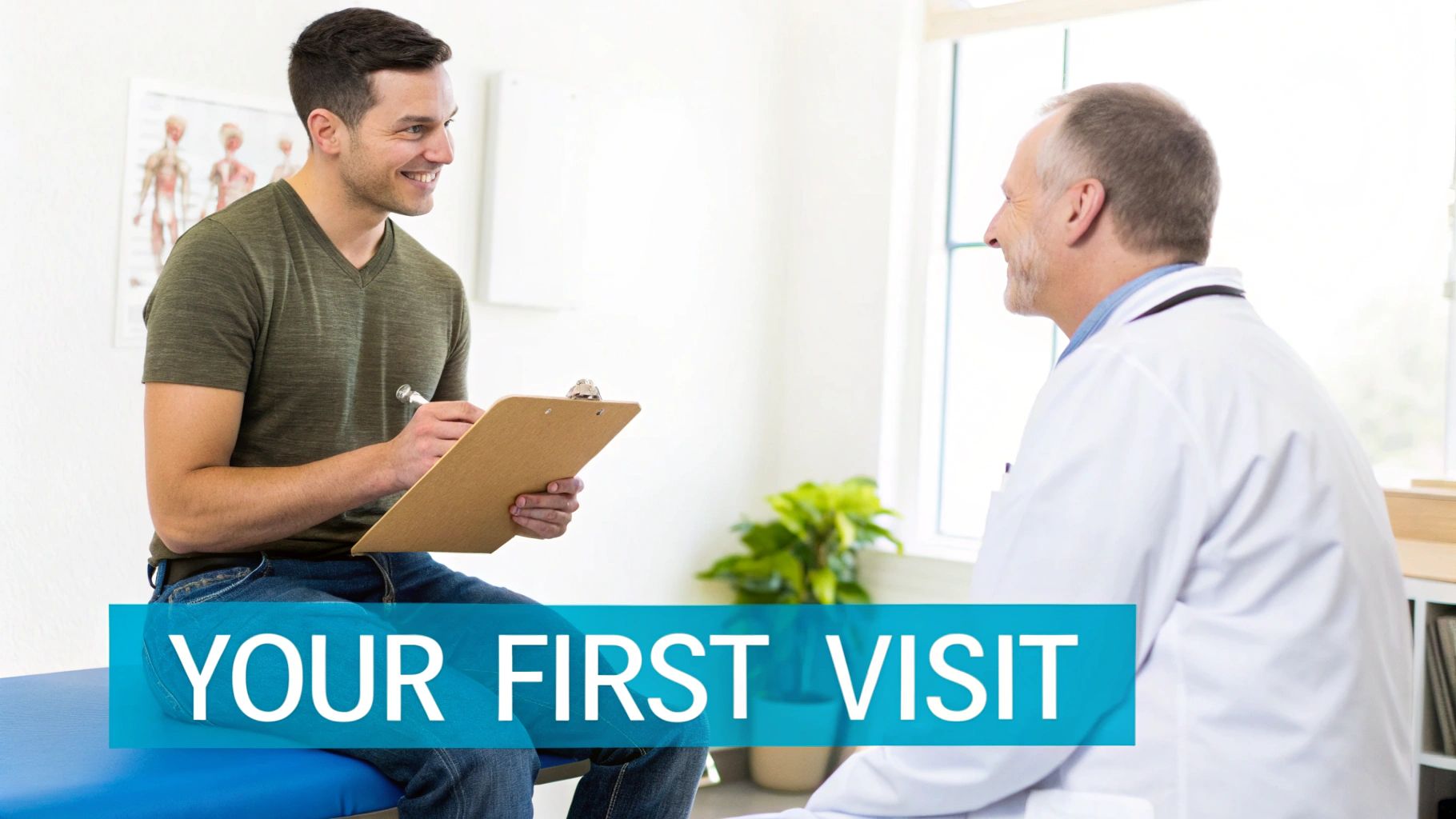 A smiling male patient writes on a clipboard while consulting with an older male doctor during his first visit.
