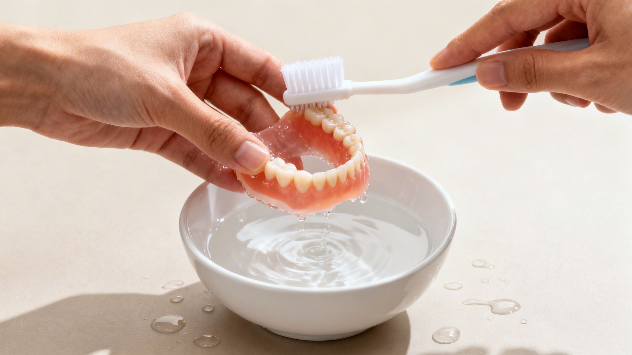 Hands cleaning full upper dentures with a toothbrush over a white bowl of water.