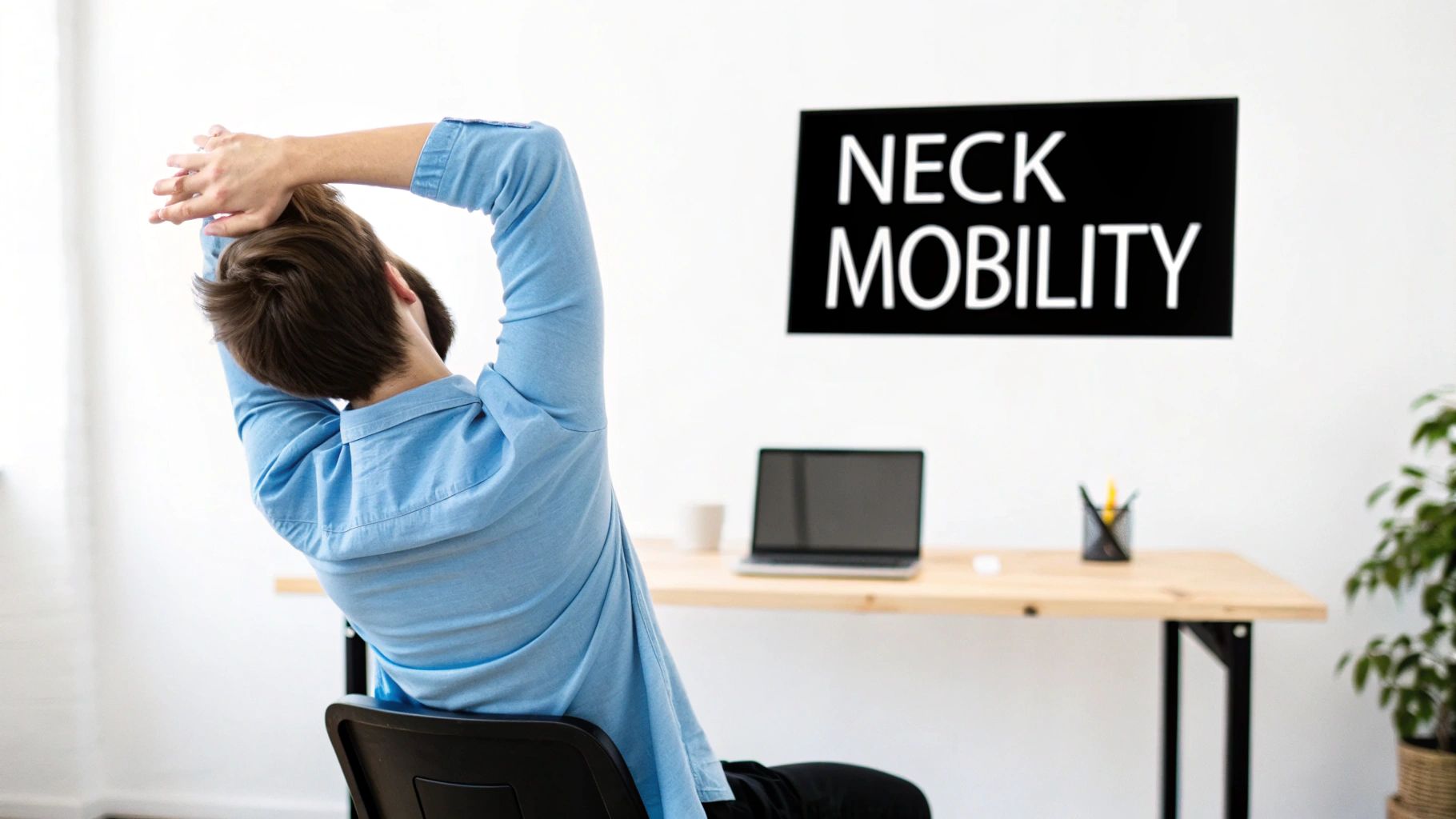A person stretches their neck and upper back while sitting at a desk, with a 'NECK MOBILITY' sign on the wall.