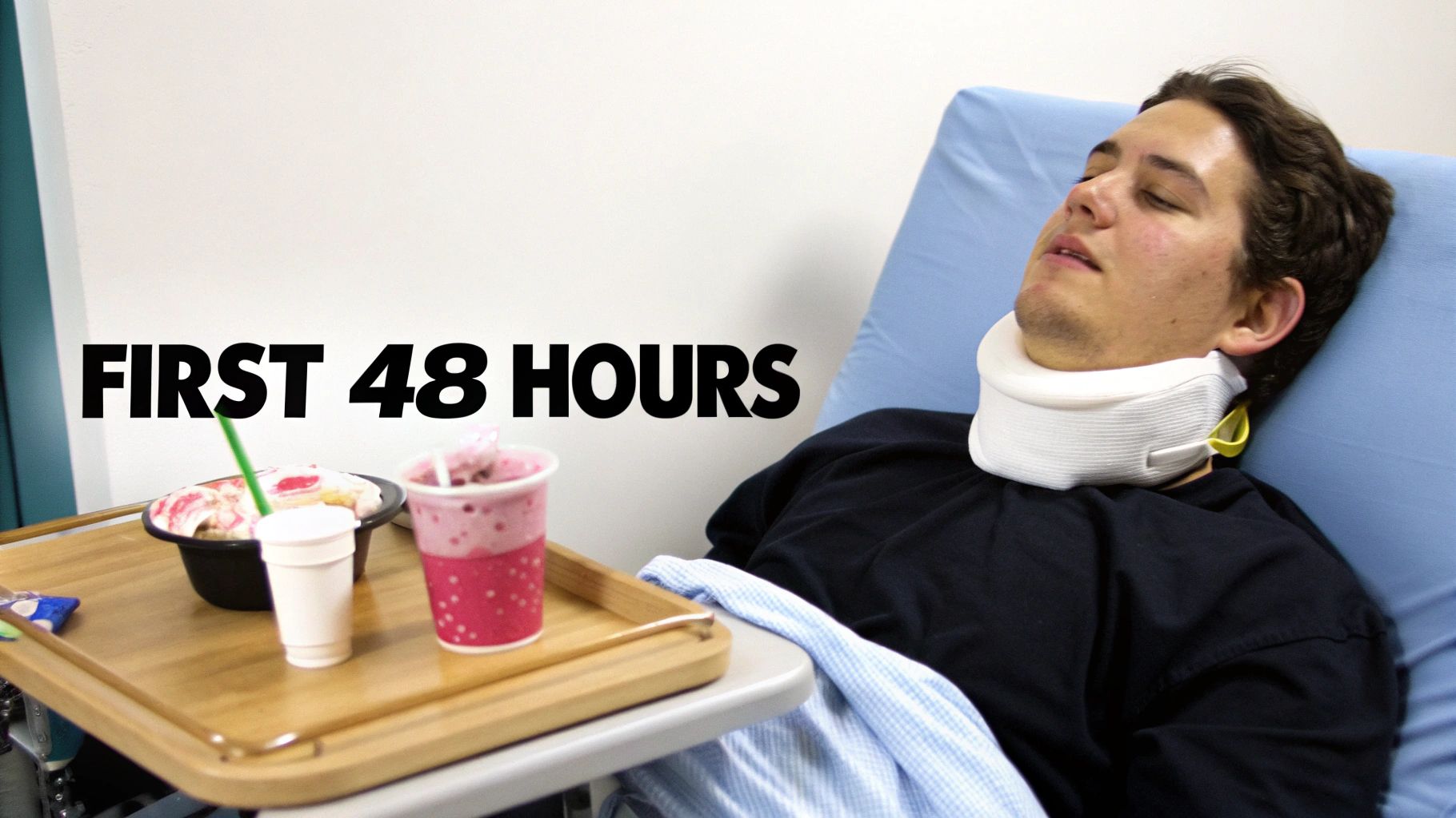 A young man in a neck brace lies in a hospital bed with a meal tray nearby, text 'FIRST 48 HOURS'.