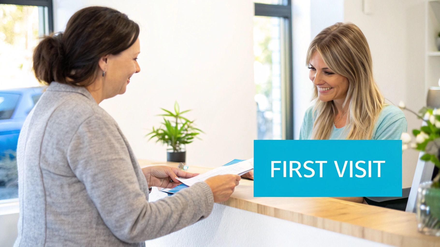 A smiling patient receives documents from a friendly receptionist at a modern clinic, labeled 'FIRST VISIT'.