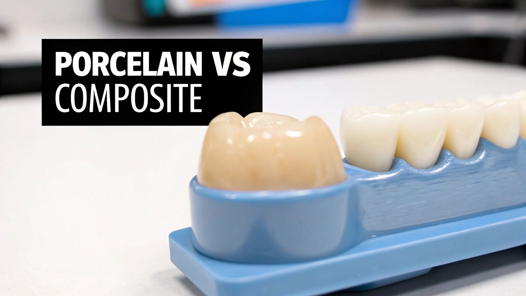 Dental models on a blue tray illustrating the differences between porcelain and composite materials.