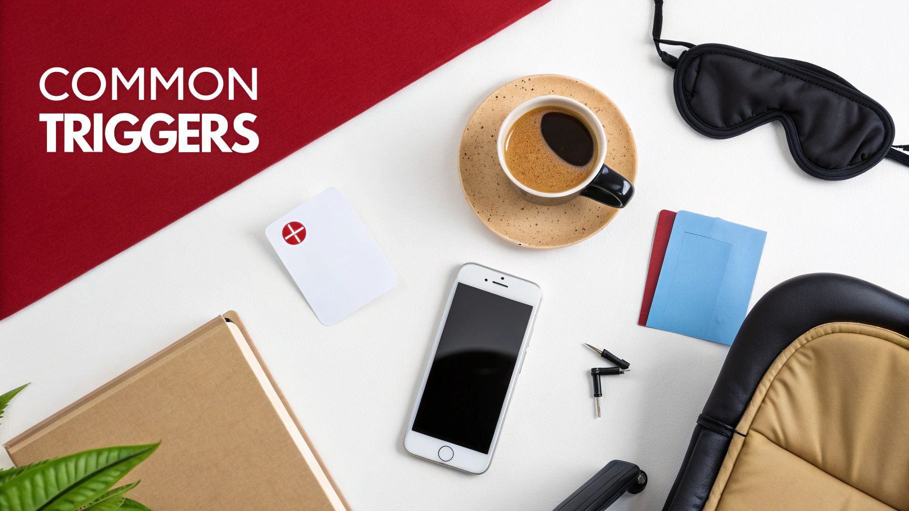 Overhead shot of desk items including coffee, smartphone, sleep mask, and card, with 'COMMON TRIGGERS' text.