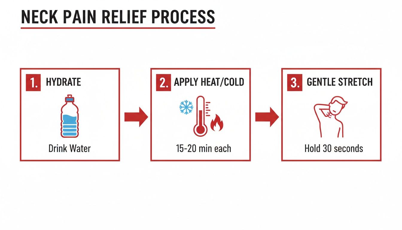 A three-step process for neck pain relief: hydrate, apply heat/cold, and gentle stretch.