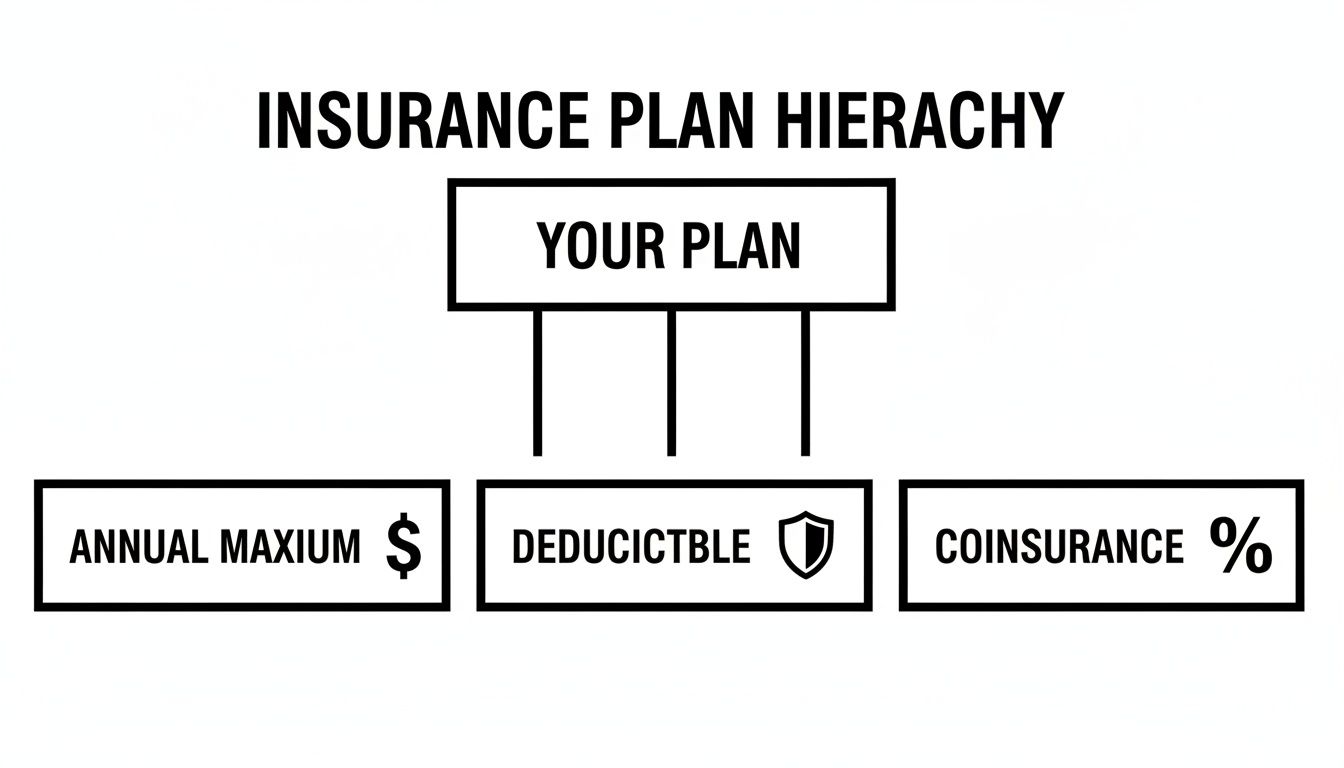 A clear diagram illustrates the hierarchy of an insurance plan, detailing annual maximum, deductible, and coinsurance.