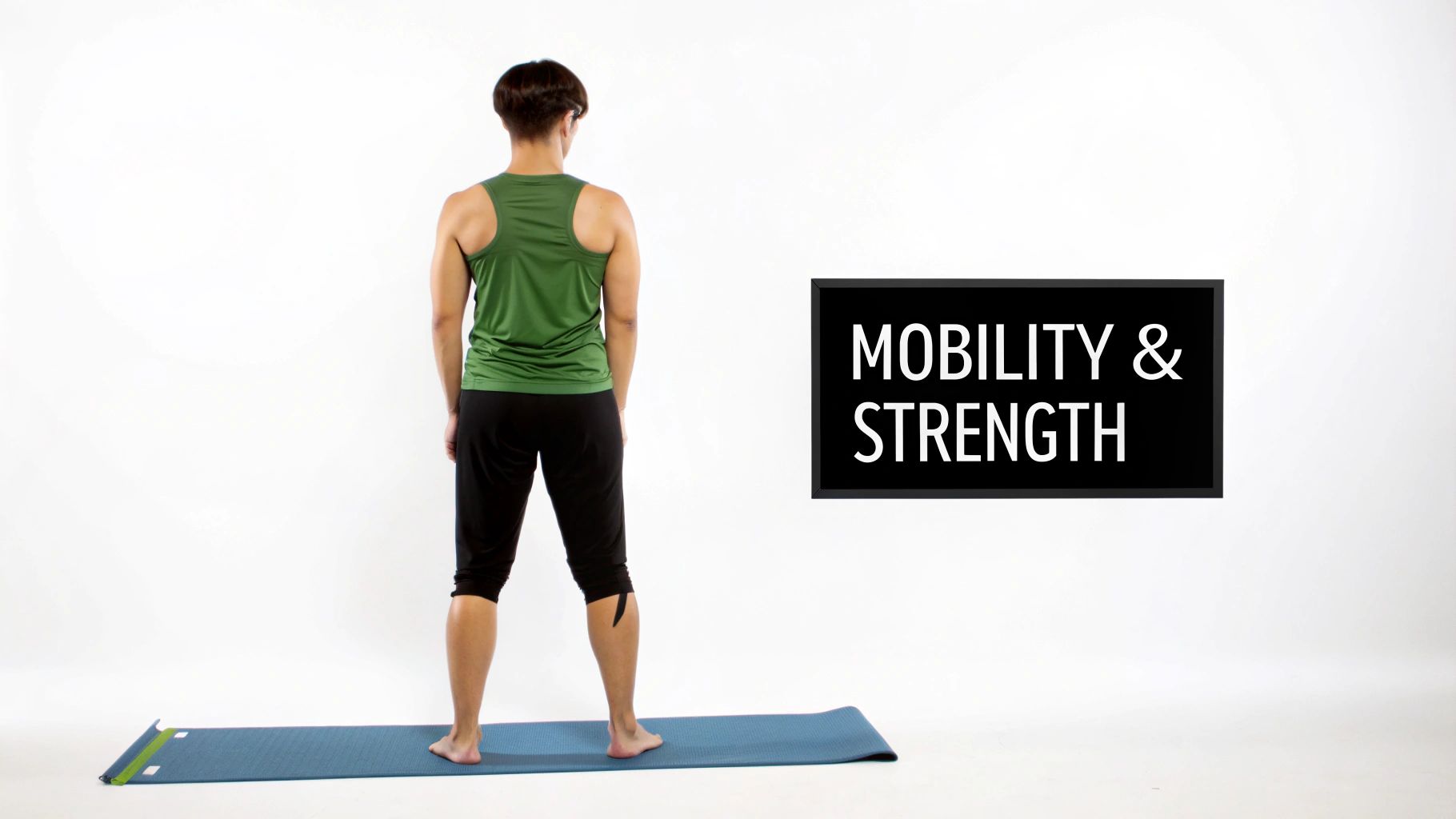 A person in athletic wear stands on a yoga mat, back to camera, next to a 'Mobility & Strength' sign.