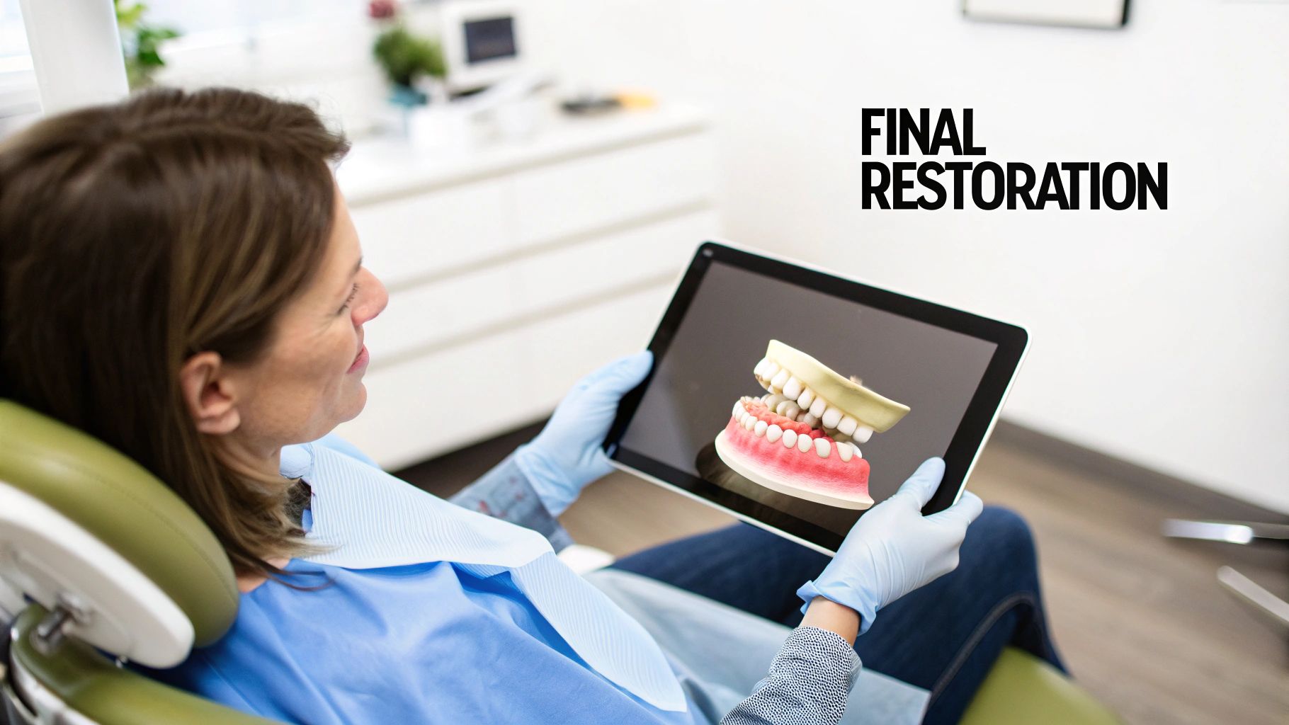 A dental professional reviews a digital 3D model of a final dental restoration on a tablet with a patient.
