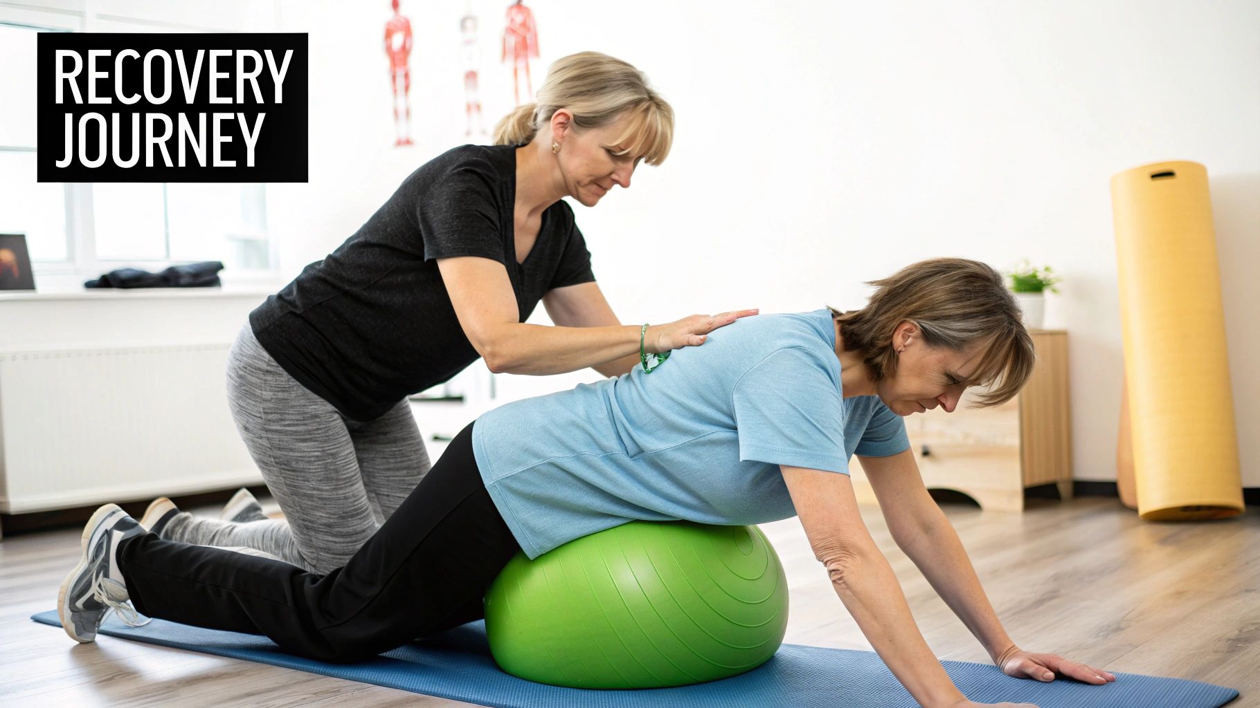 A female physical therapist assists a woman with a back exercise using a green stability ball on a mat.
