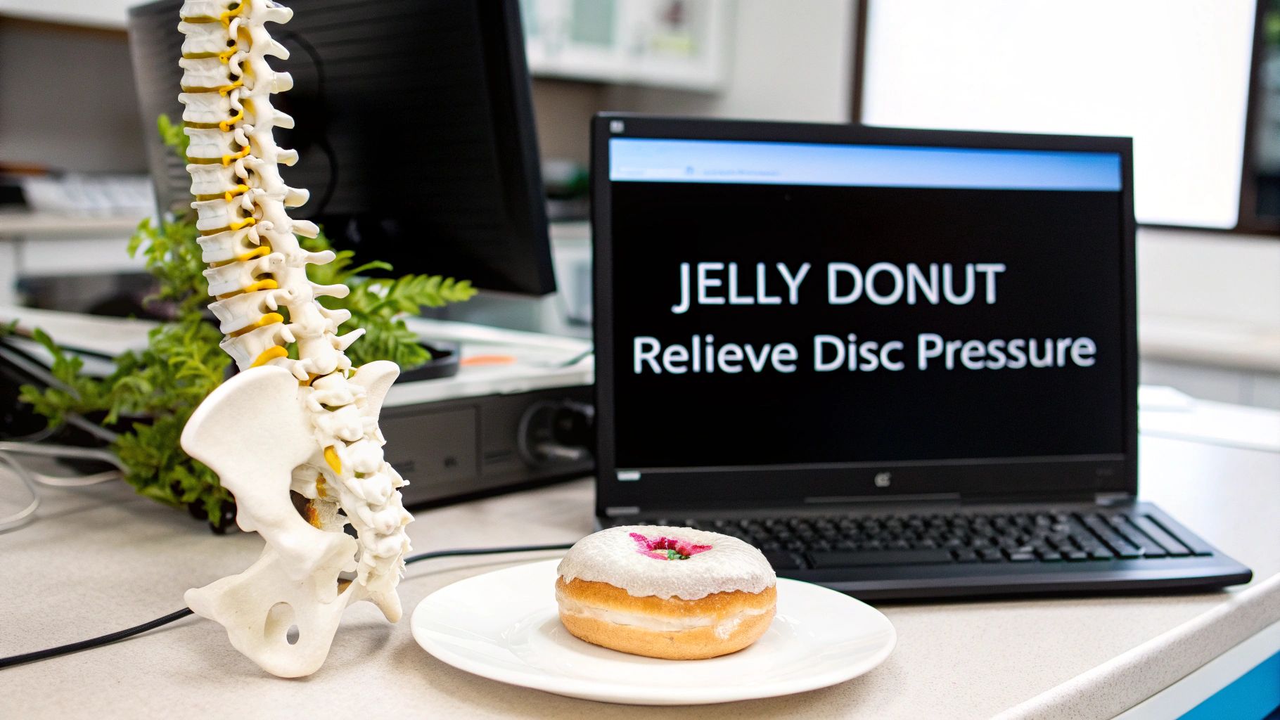 An anatomical spine model, a jelly donut, and a laptop with text about relieving disc pressure.