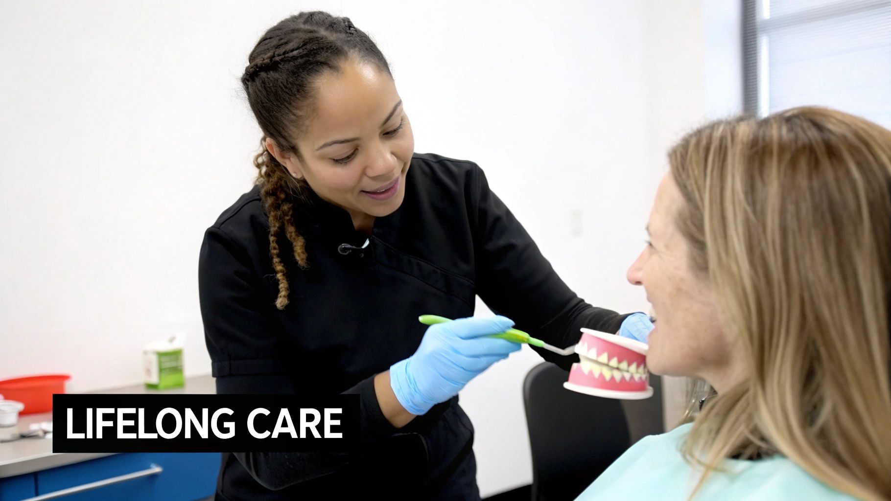 A dental professional demonstrates proper brushing technique on a teeth model to a female patient.