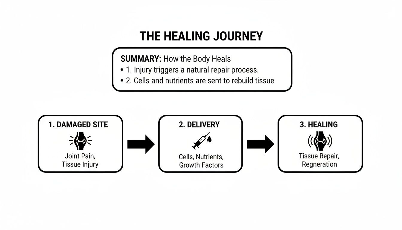 Flowchart illustrating the body's natural healing journey: injury, delivery of cells and nutrients, leading to tissue repair.