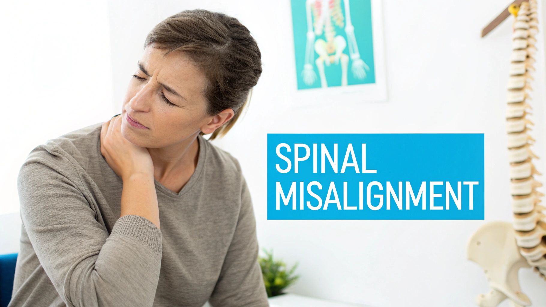 A distressed woman holding her neck, suffering from neck pain due to spinal misalignment.