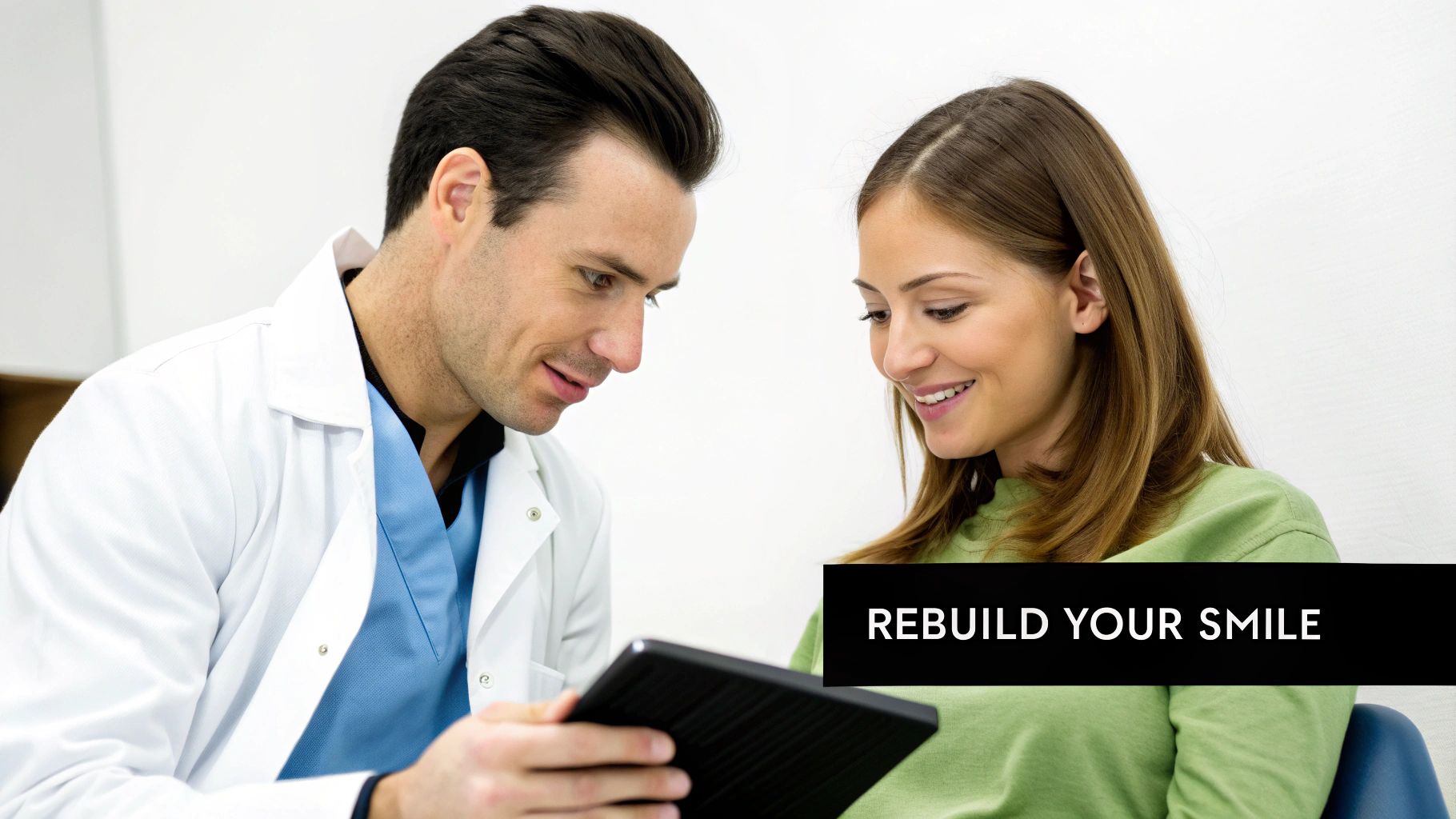 A smiling male dentist and female patient discuss a dental plan on a tablet, with text 'REBUILD YOUR SMILE'.