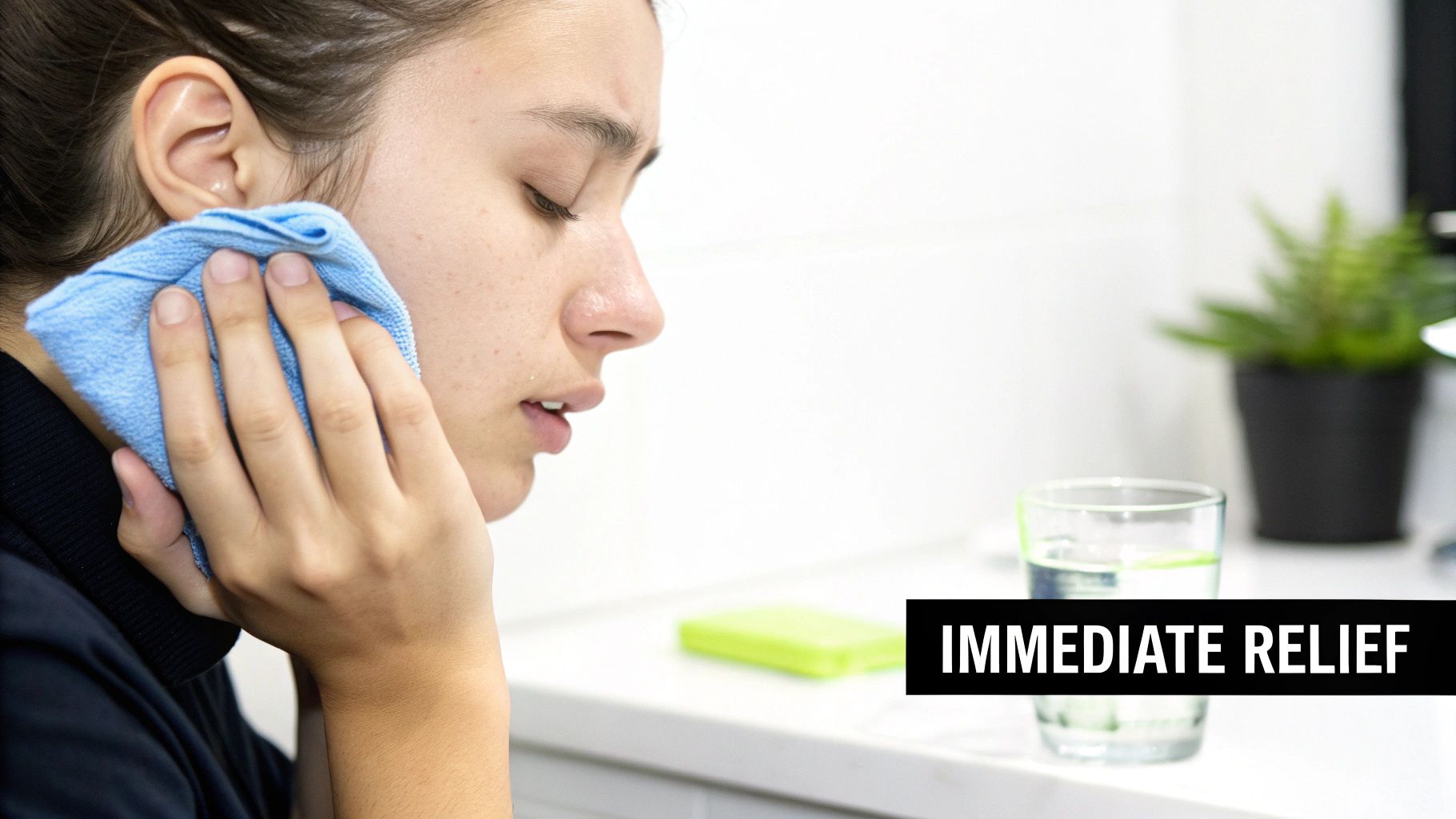 Young woman applying a blue cold compress to her jaw for immediate pain relief.