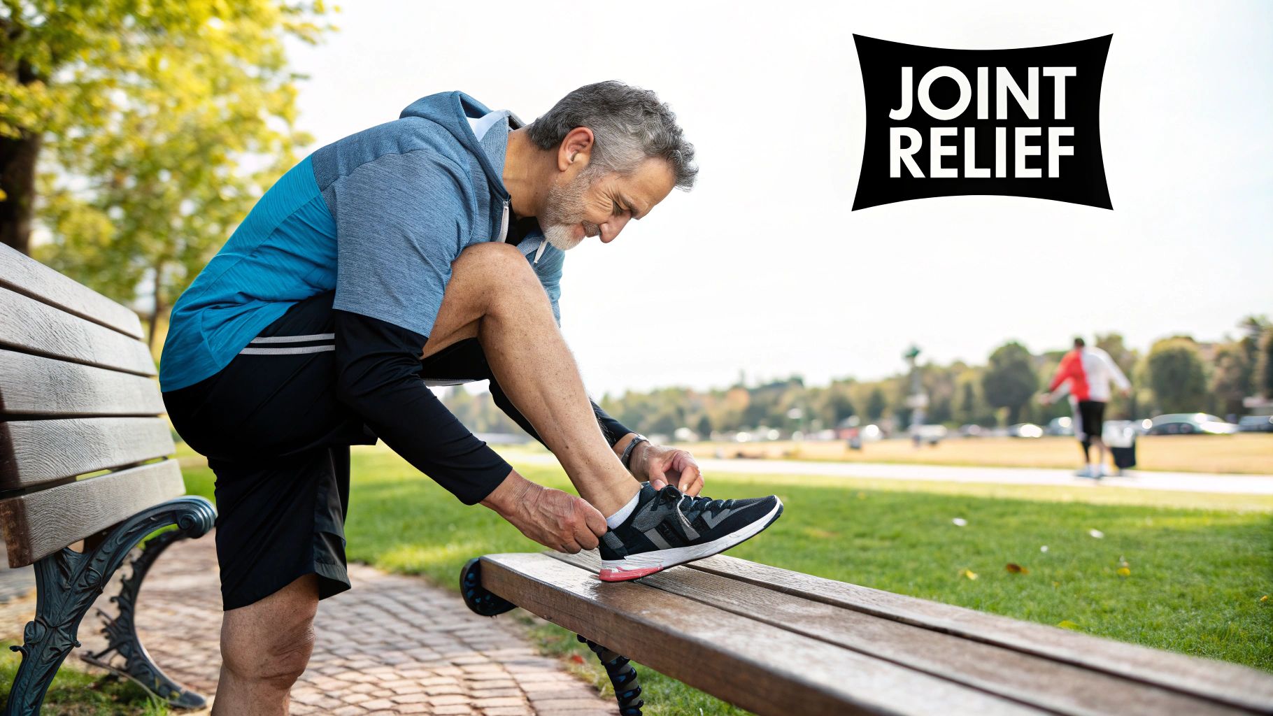 An older man with a beard ties his running shoe on a park bench, with a 'Joint Relief' logo.