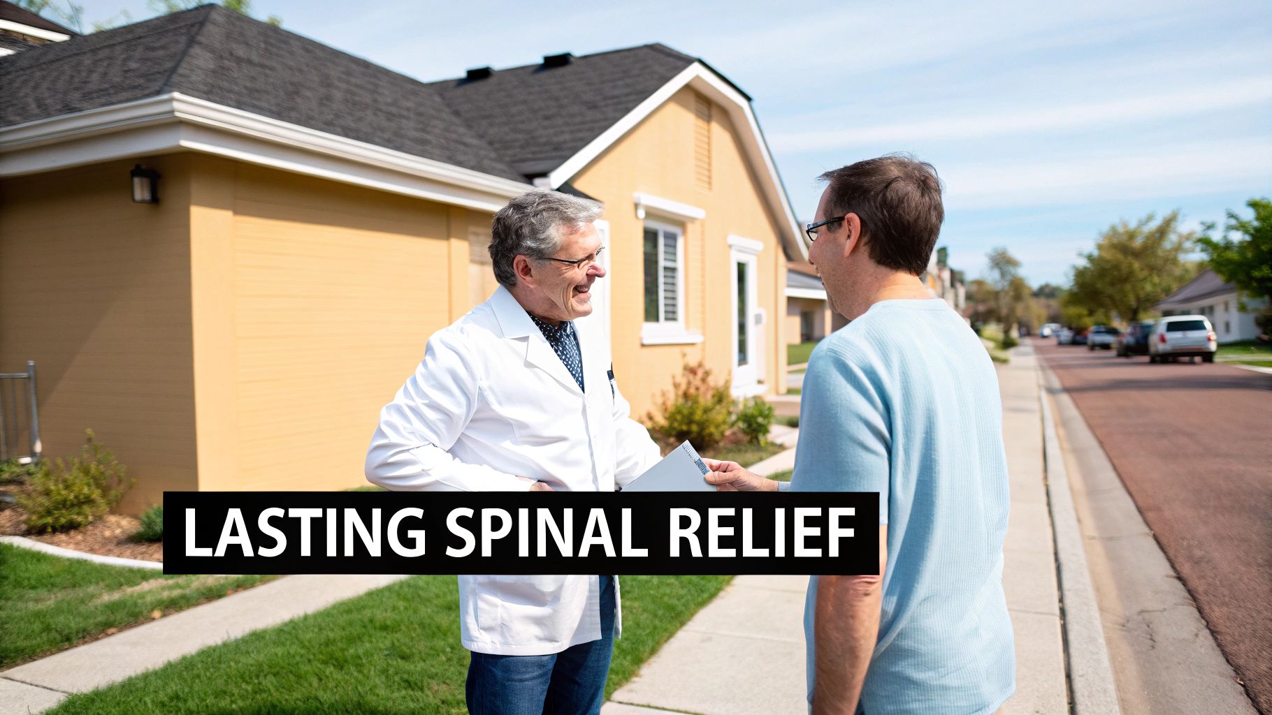 A smiling doctor in a white coat hands documents to a patient, promoting lasting spinal relief.