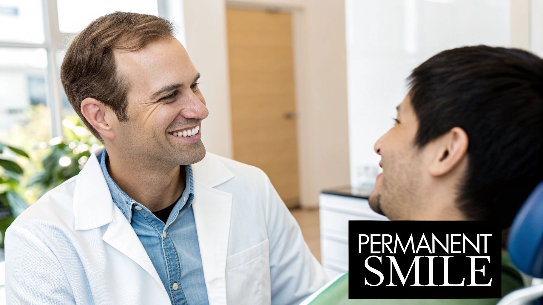 A cheerful dentist in a white coat smiles at his happy patient during a dental consultation.