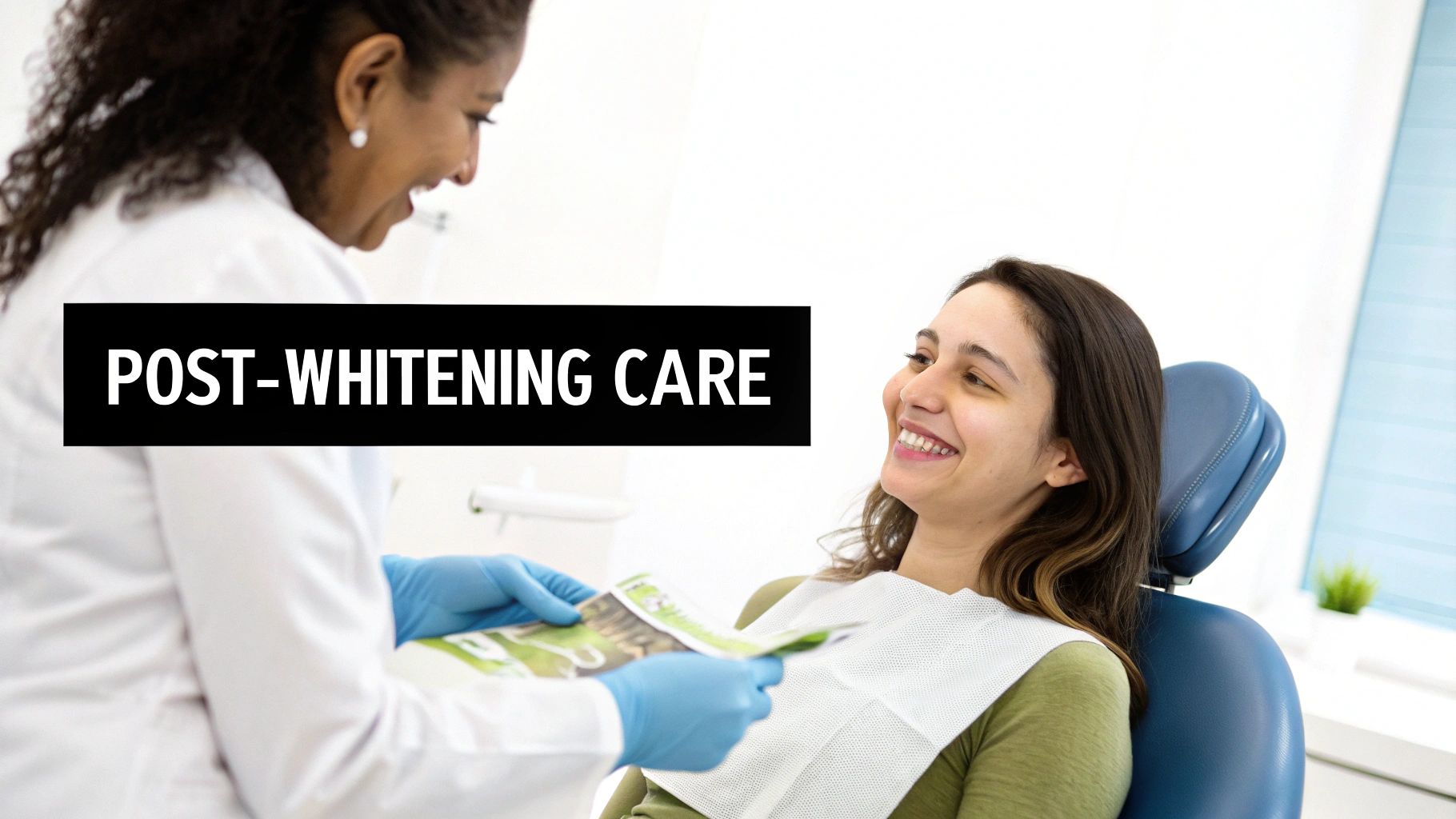 A dentist shows a smiling patient a brochure on post-whitening care in a dental clinic.