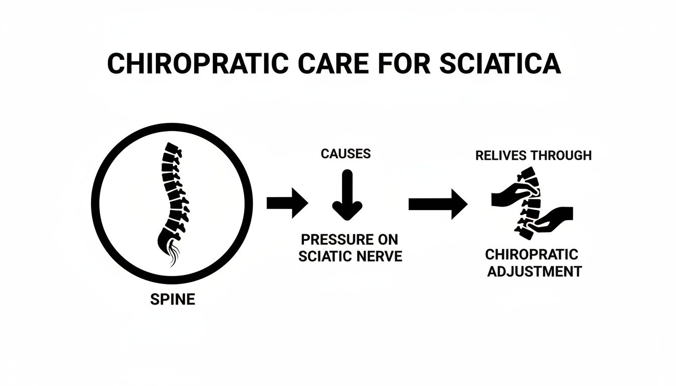 Infographic showing chiropractic care for sciatica, illustrating pressure on the sciatic nerve relieved by spinal adjustment.
