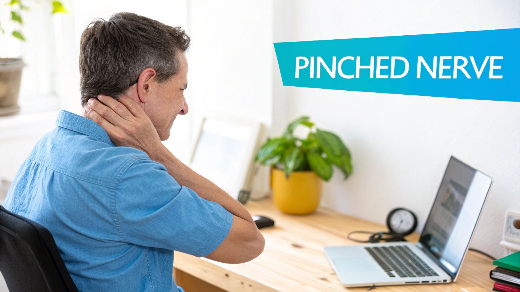 A man holds his painful neck while sitting at a desk with a laptop, indicating a pinched nerve.